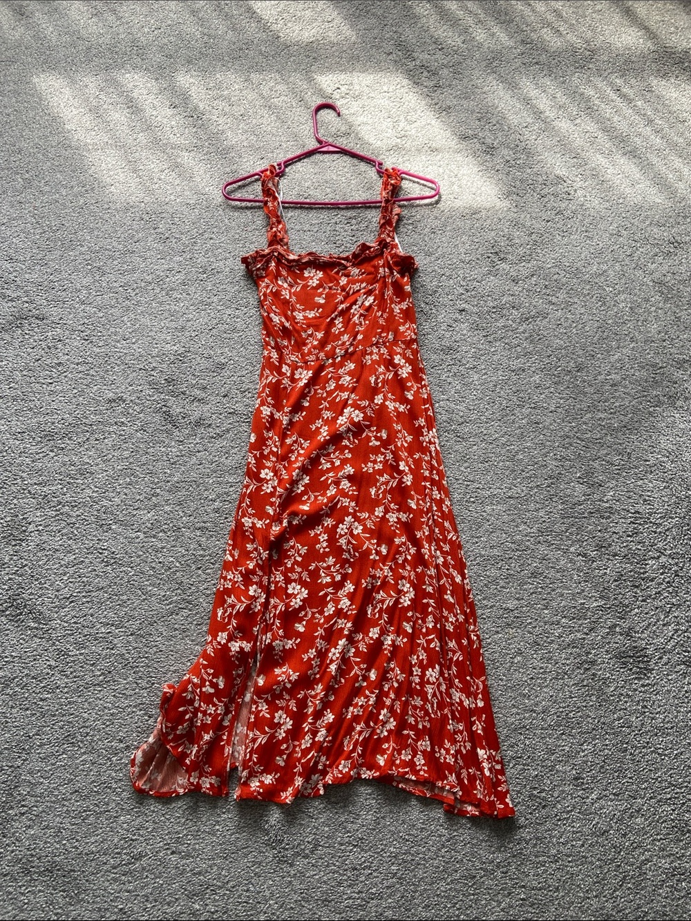 Red Orange Floral Midi Dress with Ruffled Straps